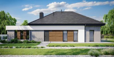 Proiect 56 — randare a casei: casă modernă parter, 3 dormitoare, garaj dublu și terasă