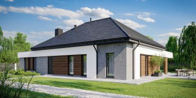 Proiect 56 — randare a casei: casă modernă parter, 3 dormitoare, garaj dublu și terasă