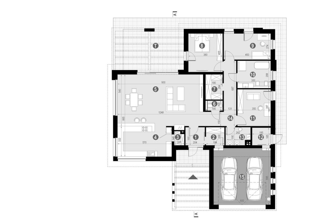 Proiect 57 — plan parter: casă modernă parter, 3 dormitoare, terasă și garaj dublu