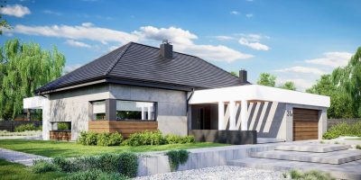 Proiect 57 — randare a casei: casă modernă parter, 3 dormitoare, terasă și garaj dublu