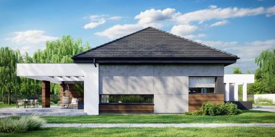 Proiect 57 — randare a casei: casă modernă parter, 3 dormitoare, terasă și garaj dublu