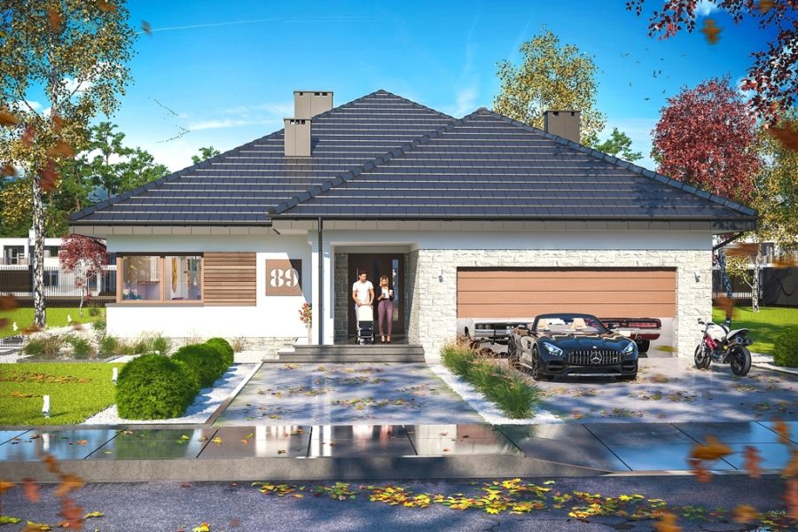 Proiect 58 — randare a casei: casă modernă parter, 4 dormitoare, terasă și garaj dublu