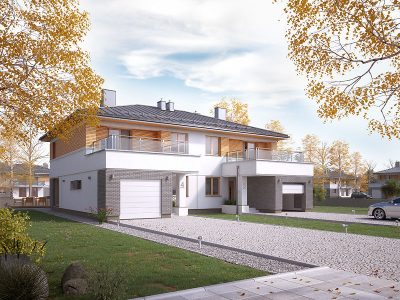 Proiect 59 — randare a casei: casă modernă tip duplex cu etaj, 6 dormitoare, balcon și garaj