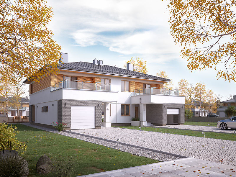 Proiect 59 — randare a casei: casă modernă tip duplex cu etaj, 6 dormitoare, balcon și garaj