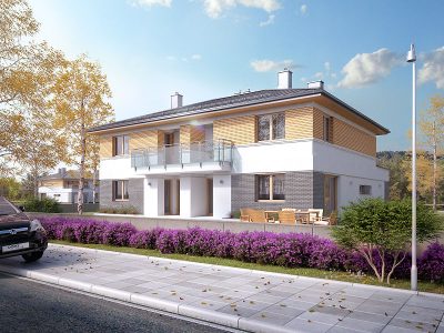 Proiect 59 — randare a casei: casă modernă tip duplex cu etaj, 6 dormitoare, balcon și garaj