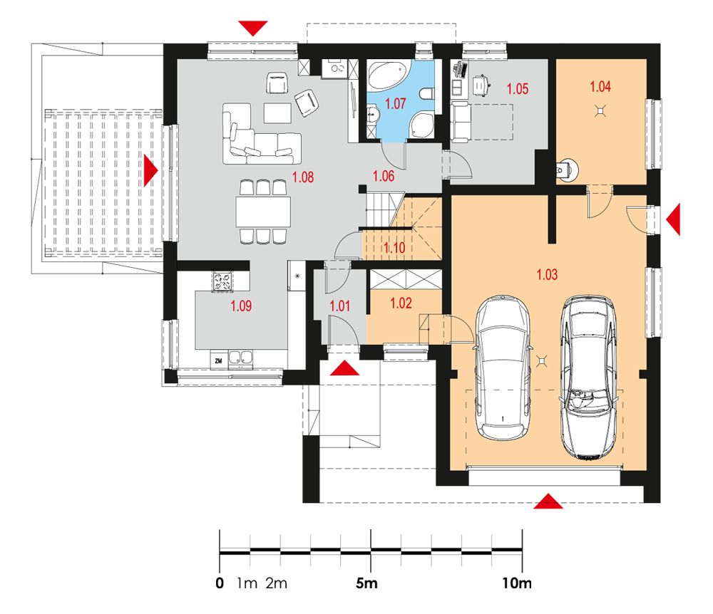 Proiect 61 — plan parter: vilă modernă cu etaj, 4 dormitoare, balcon și garaj dublu