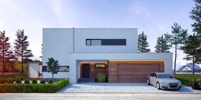 Proiect 61 — randare a casei: vilă modernă cu etaj, 4 dormitoare, balcon și garaj dublu