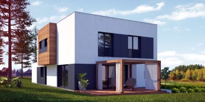 Proiect 61 — randare a casei: vilă modernă cu etaj, 4 dormitoare, balcon și garaj dublu