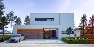 Proiect 61 — randare a casei: vilă modernă cu etaj, 4 dormitoare, balcon și garaj dublu