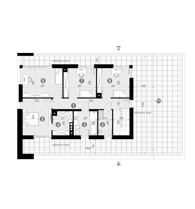Proiect 62 — plan etaj: vilă modernă cu etaj, 4 dormitoare, piscină și garaj dublu