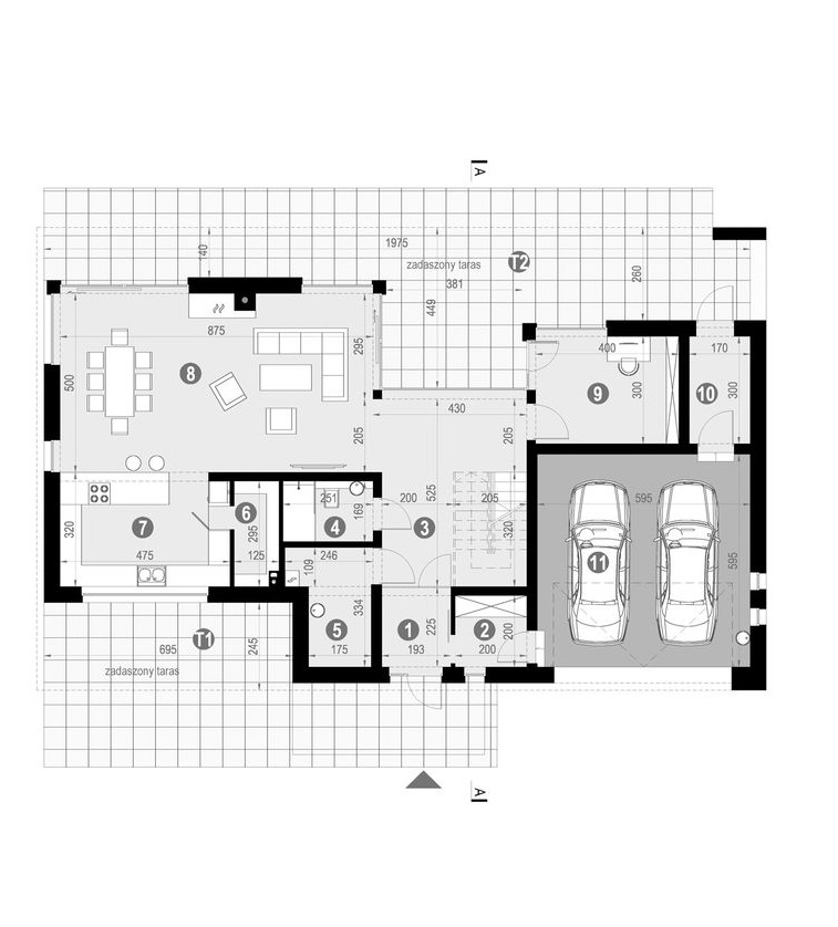Proiect 62 — plan parter: vilă modernă cu etaj, 4 dormitoare, piscină și garaj dublu