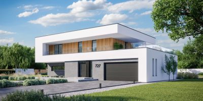 Proiect 62 — randare a casei: vilă modernă cu etaj, 4 dormitoare, piscină și garaj dublu