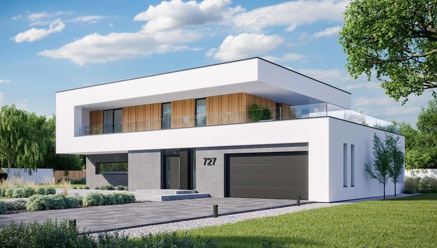 Proiect 62 — randare a casei: vilă modernă cu etaj, 4 dormitoare, piscină și garaj dublu