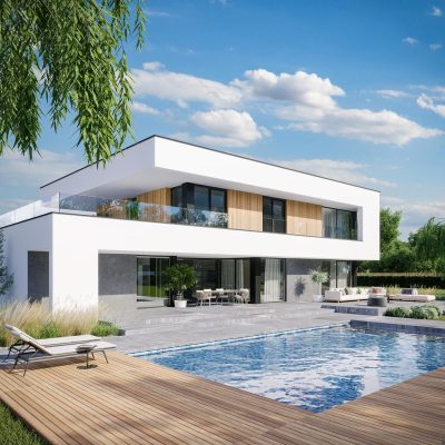 Proiect 62 — randare a casei: vilă modernă cu etaj, 4 dormitoare, piscină și garaj dublu