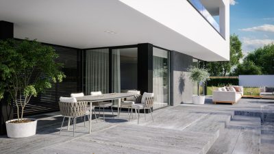 Proiect 62 — randare a casei: vilă modernă cu etaj, 4 dormitoare, piscină și garaj dublu