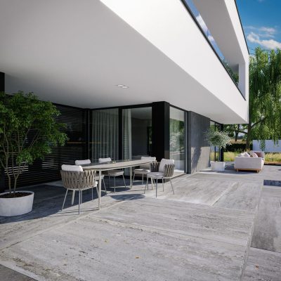 Proiect 62 — randare a casei: vilă modernă cu etaj, 4 dormitoare, piscină și garaj dublu