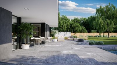 Proiect 62 — randare a casei: vilă modernă cu etaj, 4 dormitoare, piscină și garaj dublu