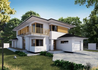 Proiect 63 — randare a casei: casă modernă cu etaj, 3 dormitoare, balcon și garaj