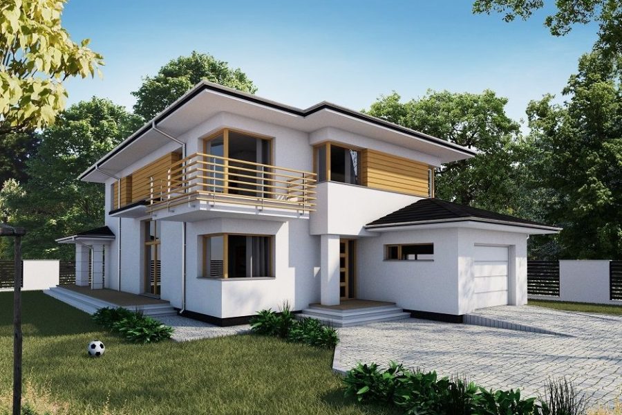 Proiect 63 — randare a casei: casă modernă cu etaj, 3 dormitoare, balcon și garaj