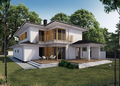 Proiect 63 — randare a casei: casă modernă cu etaj, 3 dormitoare, balcon și garaj