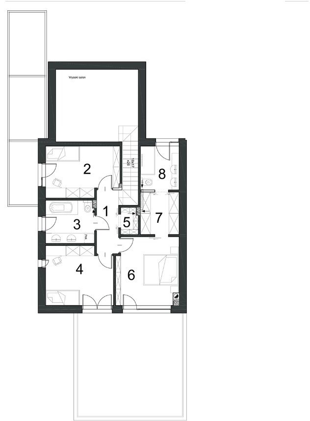 Proiect 64 — plan etaj: casă modernă cu etaj, 3 dormitoare, balcon și garaj dublu