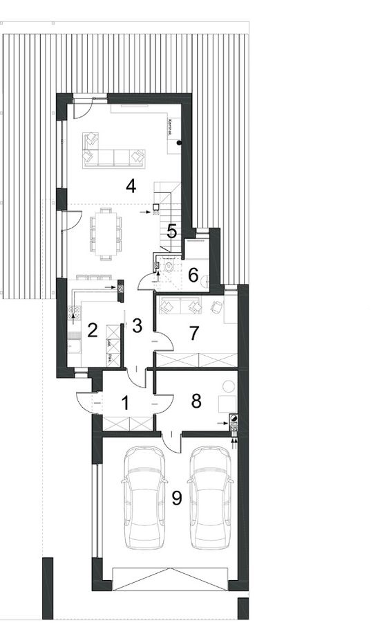 Proiect 64 — plan parter: casă modernă cu etaj, 3 dormitoare, balcon și garaj dublu