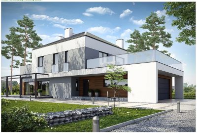 Proiect 64 — randare a casei: casă modernă cu etaj, 3 dormitoare, balcon și garaj dublu