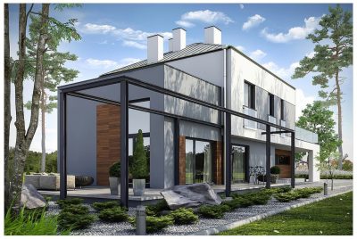 Proiect 64 — randare a casei: casă modernă cu etaj, 3 dormitoare, balcon și garaj dublu