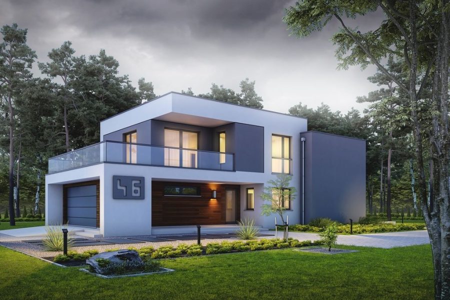 Proiect 65 — randare a casei: casă modernă cu etaj, 3 dormitoare, living open-space și terasă