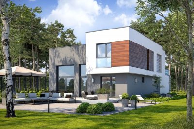 Proiect 65 — randare a casei: casă modernă cu etaj, 3 dormitoare, living open-space și terasă