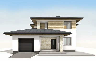 Proiect 66 — randare a casei: casă modernă cu etaj, 4 dormitoare, balcon și garaj