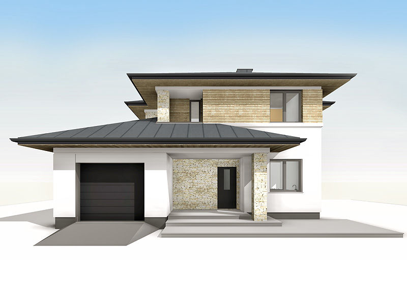 Proiect 66 — randare a casei: casă modernă cu etaj, 4 dormitoare, balcon și garaj