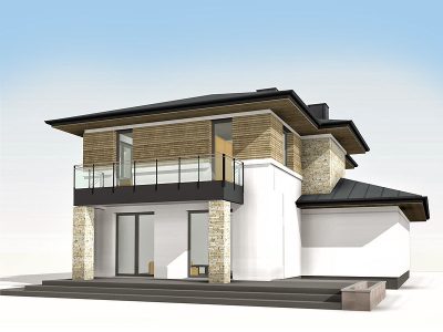 Proiect 66 — randare a casei: casă modernă cu etaj, 4 dormitoare, balcon și garaj