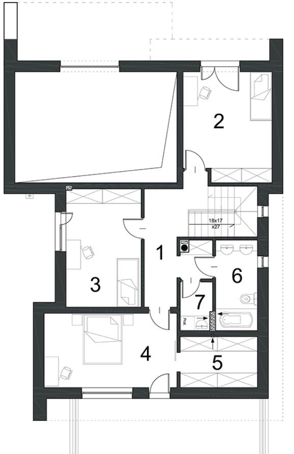 Proiect 67 — plan etaj: casă modernă cu etaj, 4 dormitoare, balcon și garaj dublu