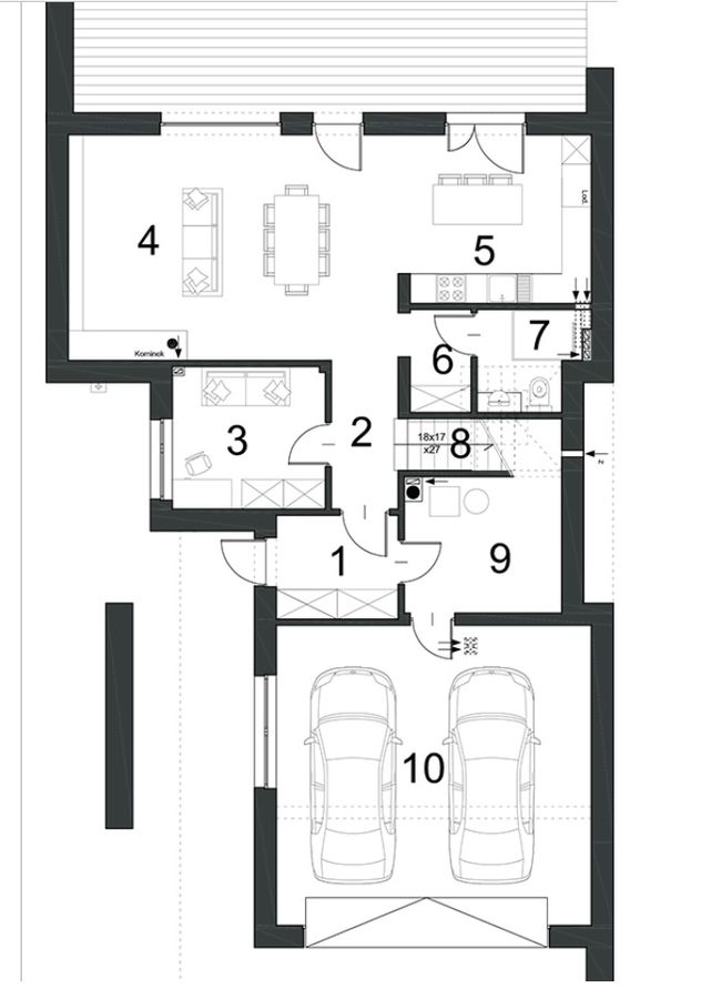 Proiect 67 — plan parter: casă modernă cu etaj, 4 dormitoare, balcon și garaj dublu