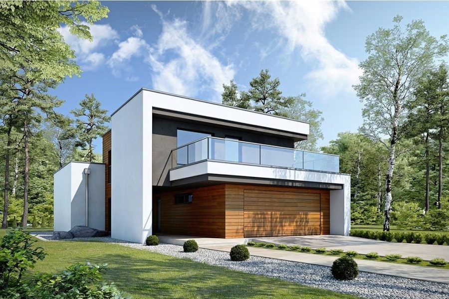 Proiect 67 — randare a casei: casă modernă cu etaj, 4 dormitoare, balcon și garaj dublu