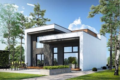 Proiect 67 — randare a casei: casă modernă cu etaj, 4 dormitoare, balcon și garaj dublu