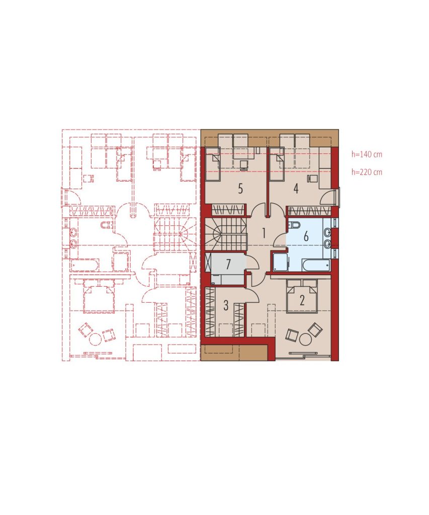 Proiect 68 — plan etaj: casă modernă cuplată cu etaj, 3 dormitoare și garaj