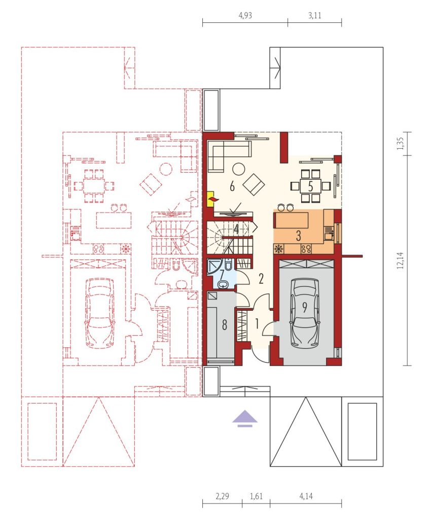 Proiect 68 — plan parter: casă modernă cuplată cu etaj, 3 dormitoare și garaj
