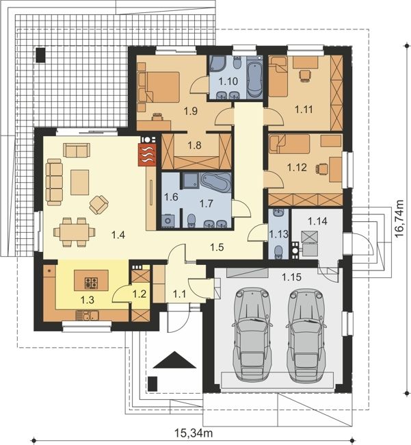 Proiect 69 — plan parter: casă modernă parter, 3 dormitoare, garaj dublu și terasă