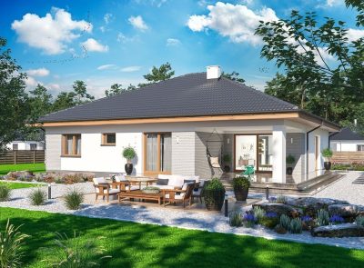 Proiect 69 — randare a casei: casă modernă parter, 3 dormitoare, garaj dublu și terasă