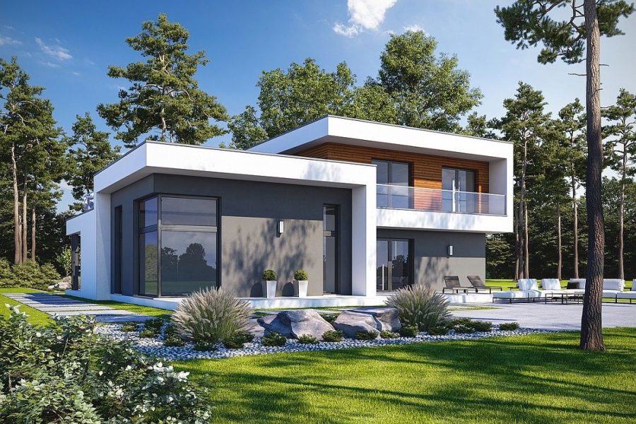 Proiect 70 — randare a casei: vilă modernă cu etaj, 4 dormitoare și garaj dublu