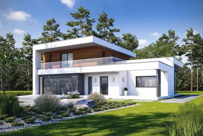 Proiect 70 — randare a casei: vilă modernă cu etaj, 4 dormitoare și garaj dublu
