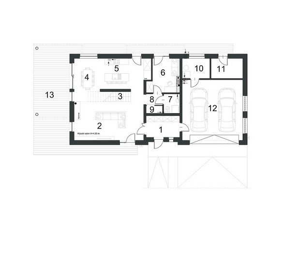 Proiect 71 — plan parter: vilă modernă cu etaj, 4 dormitoare, piscină și garaj dublu