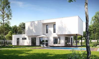 Proiect 71 — randare a casei: vilă modernă cu etaj, 4 dormitoare, piscină și garaj dublu