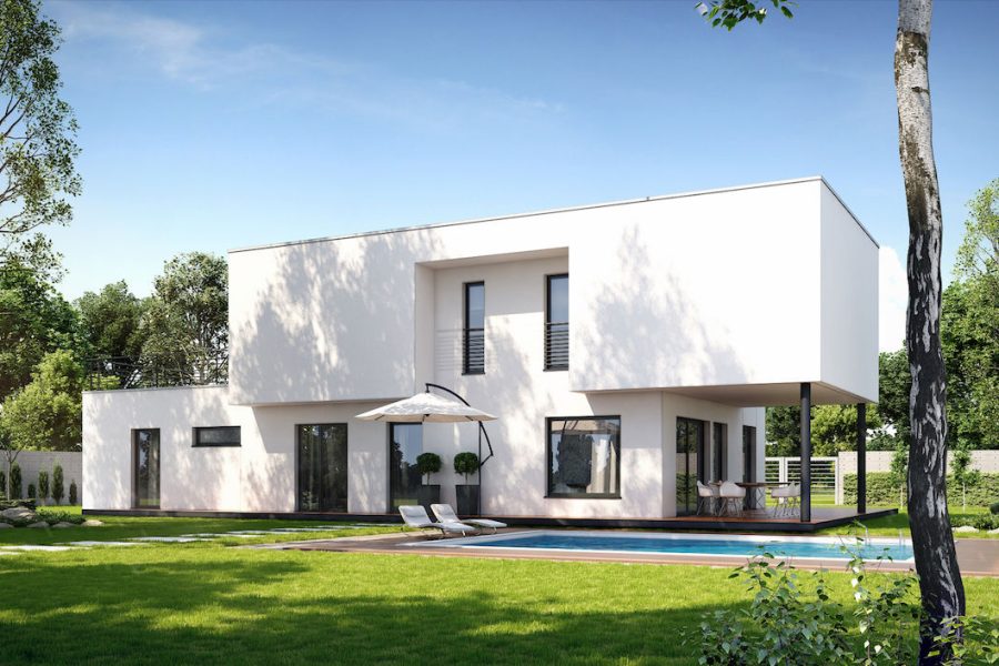 Proiect 71 — randare a casei: vilă modernă cu etaj, 4 dormitoare, piscină și garaj dublu