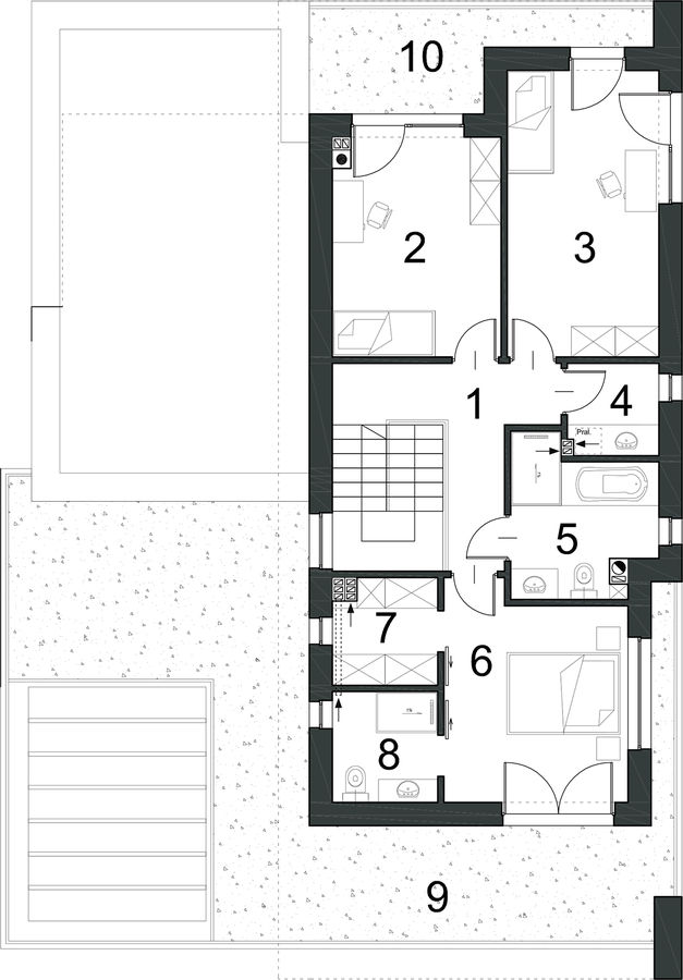 Proiect 72 — plan etaj: casă modernă cu etaj, 3 dormitoare, balcon și garaj dublu