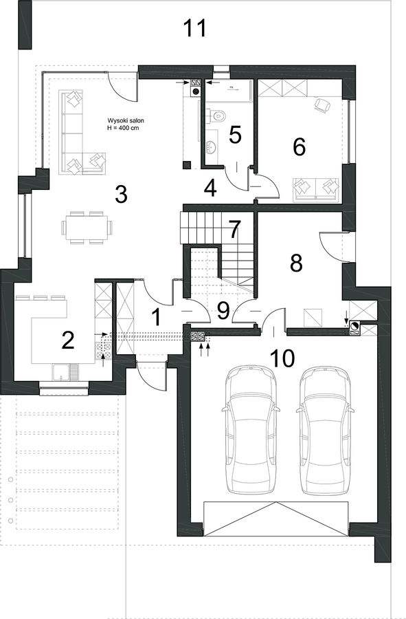 Proiect 72 — plan parter: casă modernă cu etaj, 3 dormitoare, balcon și garaj dublu
