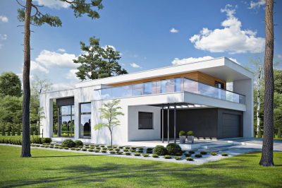 Proiect 72 — randare a casei: casă modernă cu etaj, 3 dormitoare, balcon și garaj dublu