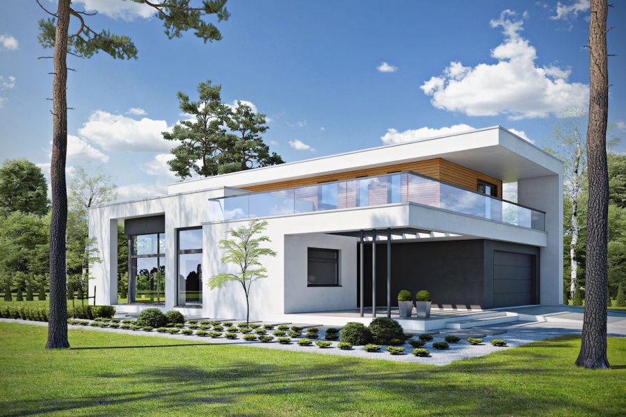 Proiect 72 — randare a casei: casă modernă cu etaj, 3 dormitoare, balcon și garaj dublu
